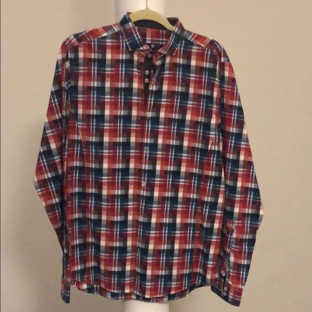 Red orange and blue gingham shirt